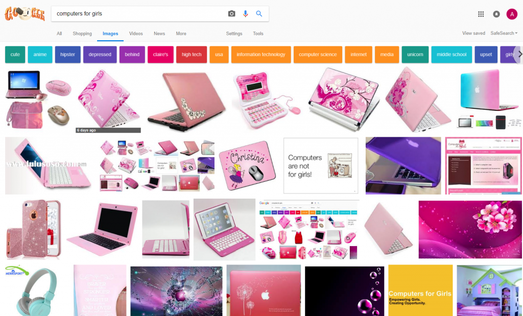 Google image search for computers for girls, showing mainly toys, pink and no girls using the computers